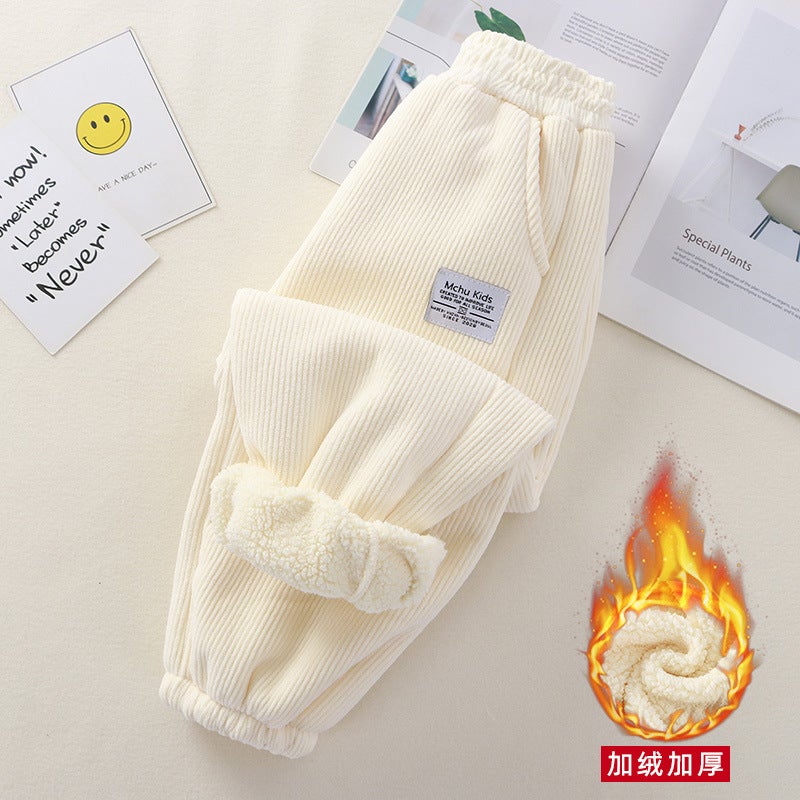 Children'S Large Children'S Fleece-Lined Pants Students Men'S And Women'S Baby Thickened Warm Casual Outer Wear Pants - Image 1